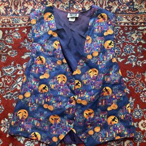Vintage 90s Vest Halloween NYC Purple Orange Pumpkins Bats Witches
